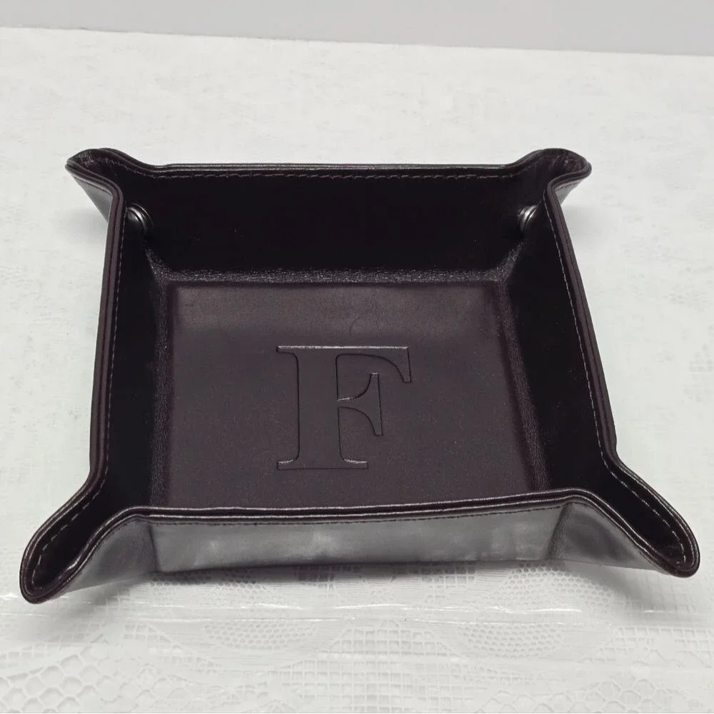 Genuine Brown Leather Valet Tray Trinket Dish Personalized With Letter 